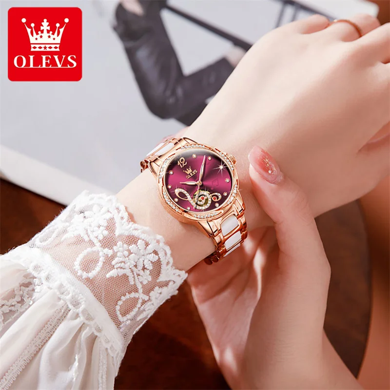 OLEVS Musical Note Ceramic Diamond Women Watches Luxury Brand Ladies Automatic Mechanical Watch Women Relogio Feminino Gift  New