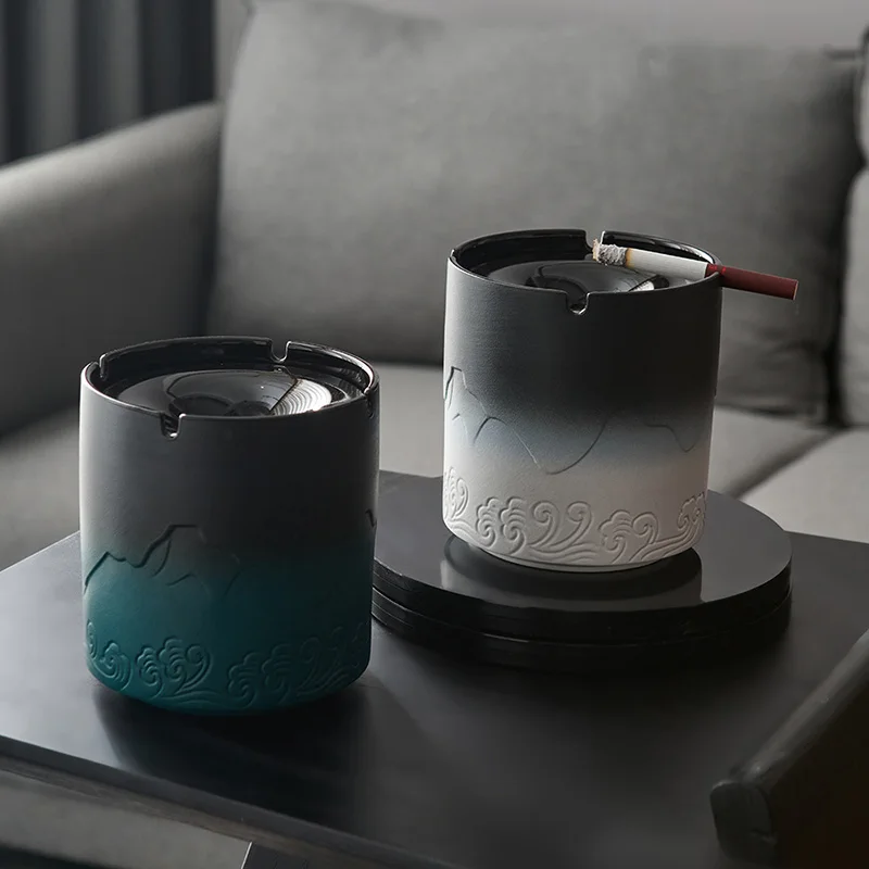 

New Chinese Style Mountain and Sea Pattern Ash Trays Home Decor Ceramic Living Room Table Ornaments Aesthetic Ashtrays Crafts