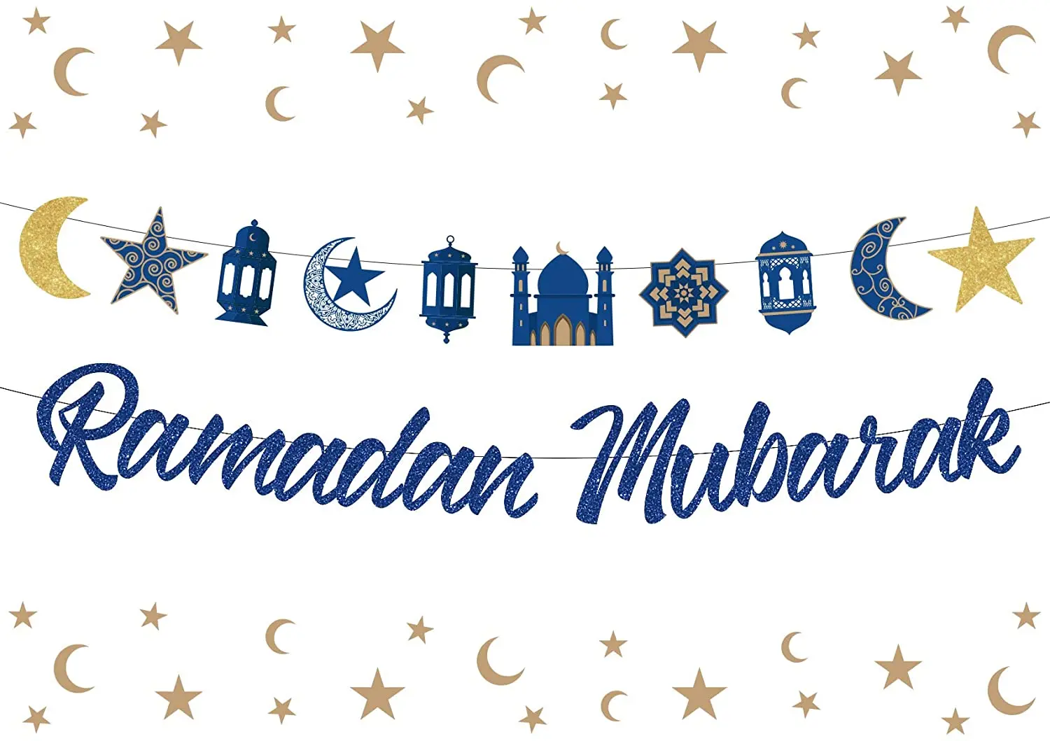 

Ramadan Mubarak Banner Decorations for Home Gold Blue Moon and Star Bunting Garland Eid Ramadan Muslim Islamic Party Decorations