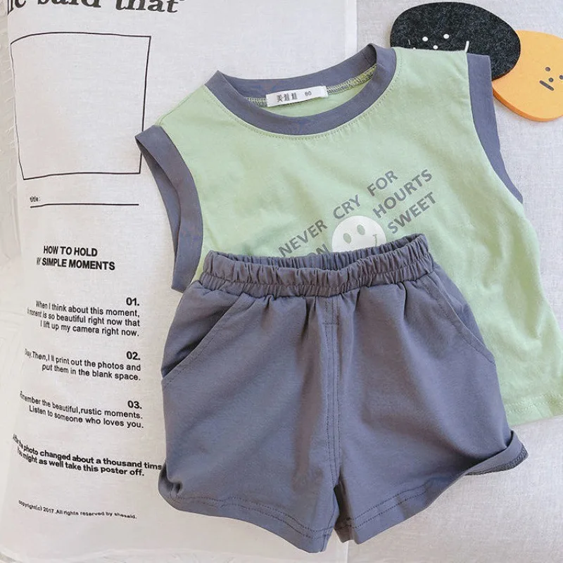 

Ins Style Children's Smiley Face Sleeveless T-shirt Vest Shorts Suit Boy's Simple Style Thin Vest Suit Summer Two-piece Suit