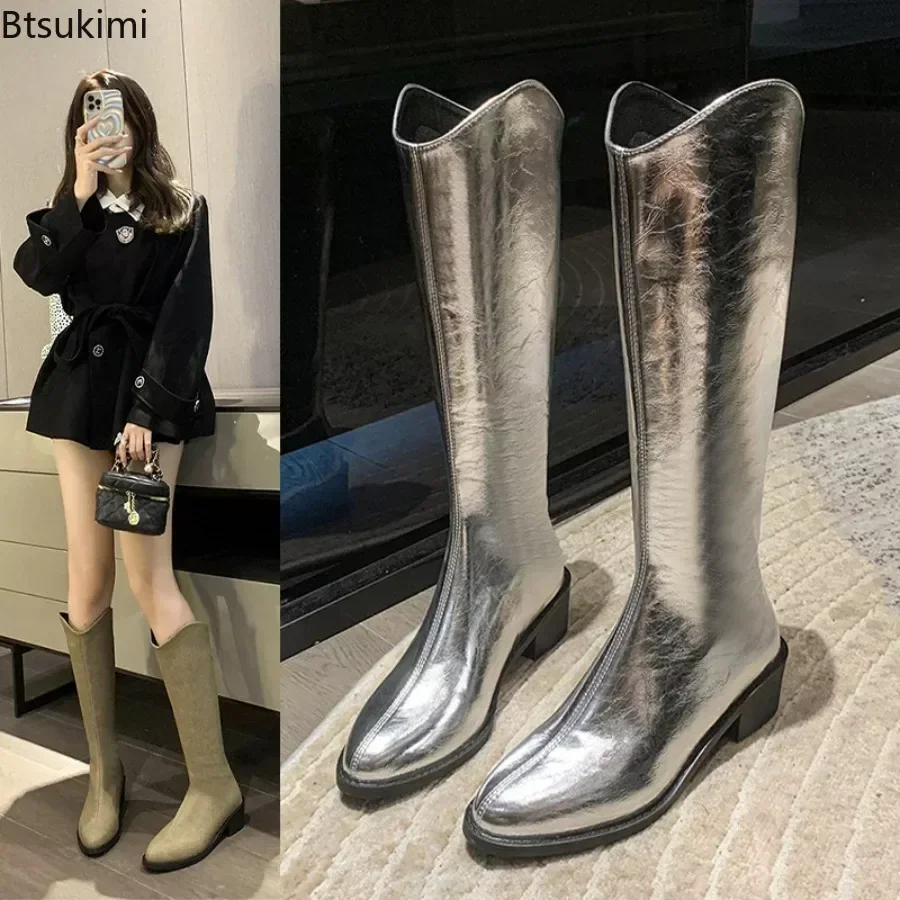 

2024Women's Sexy Brand Shoes Solid Silver Ladies' Zipper Knee-high Boots Simple Pointed Toe Long Boots for Women Knee-High Boots