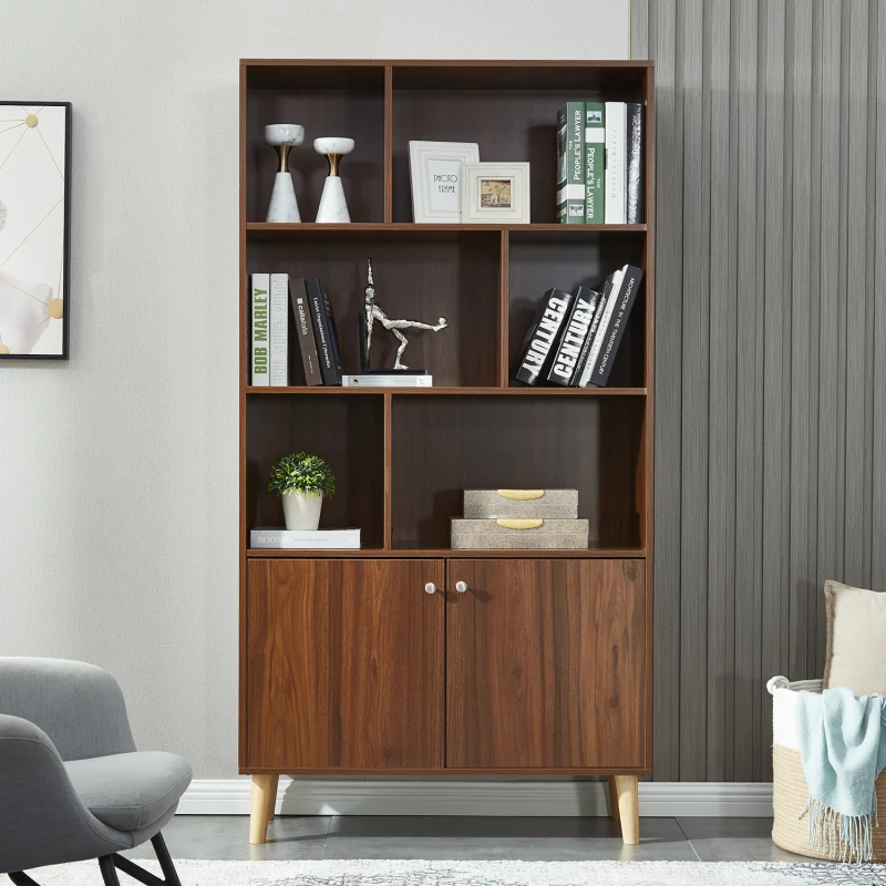 For Home Office Walnut/Oak/Coffee Modern Bookcase With 2 Doors 67" Tall Storage Cabinet Wooden Bookshelf With 6 Compartment