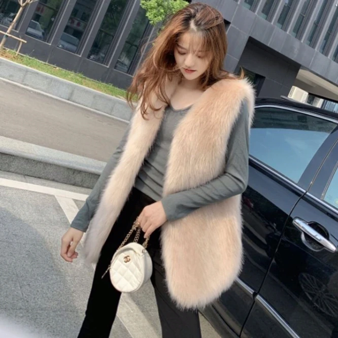 Autumn and Winter 2021 New Imitation Fox Fur Grass Vest Women's Middle Long Coat Imitation Fur Fur Vest Shoulder Gray black down jacket