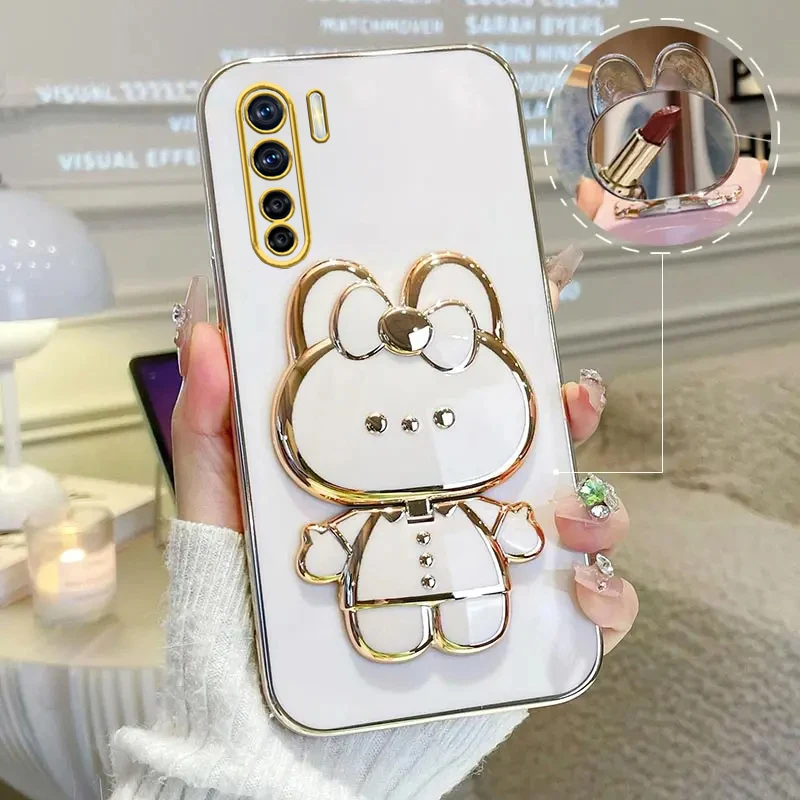 Luxury Cute Rabbit Makeup Mirror Phone Holder Case for Girls & Women - Stand Cover