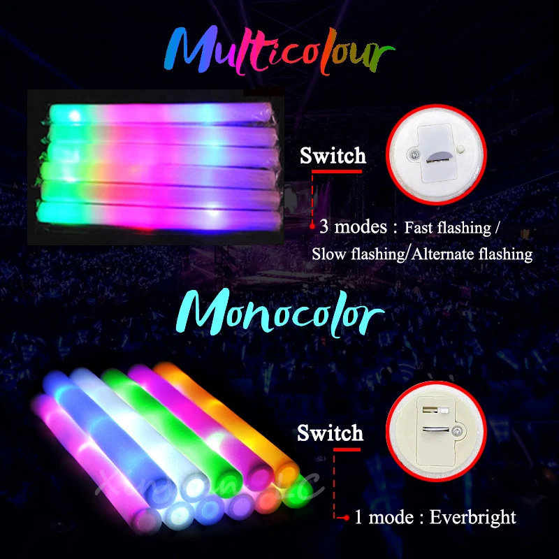 Description Picture 5 of item30/40/60/100/120Pcs RGB LED Glow Foam Stick Bulk Colorful LED Glow Sticks Cheer Tube Dark Light Birthday Wedding Party Supplies