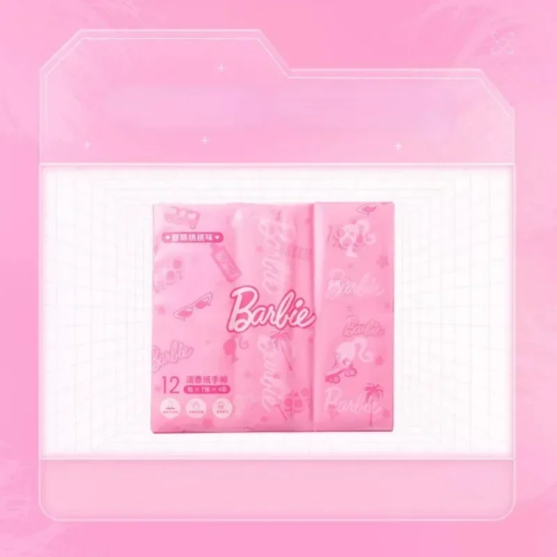 MINISO Barbie Series Tissue Anime Girls 12 Packets of Handkerchiefs Cartoon Light Fragrant Napkin Dry Wet Available Paper Gift