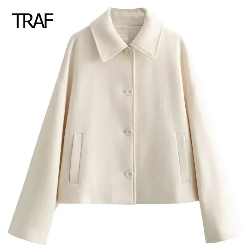 

TRAF Women's Coats Autumn Winter Cropped Wool Blend Coat White Lapel Collar Long Sleeve Top Chic And Elegant Jacket High Quality