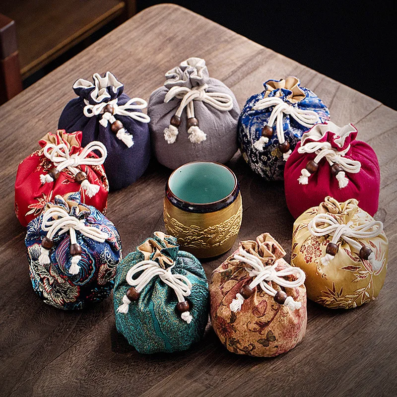 

2 Pcs Portable Travel Tea Bag Retro Chinese Style Teapot Teacup Storage Bag Pouch Master Cup Gaiwan Jewelry Package Cloth Bag
