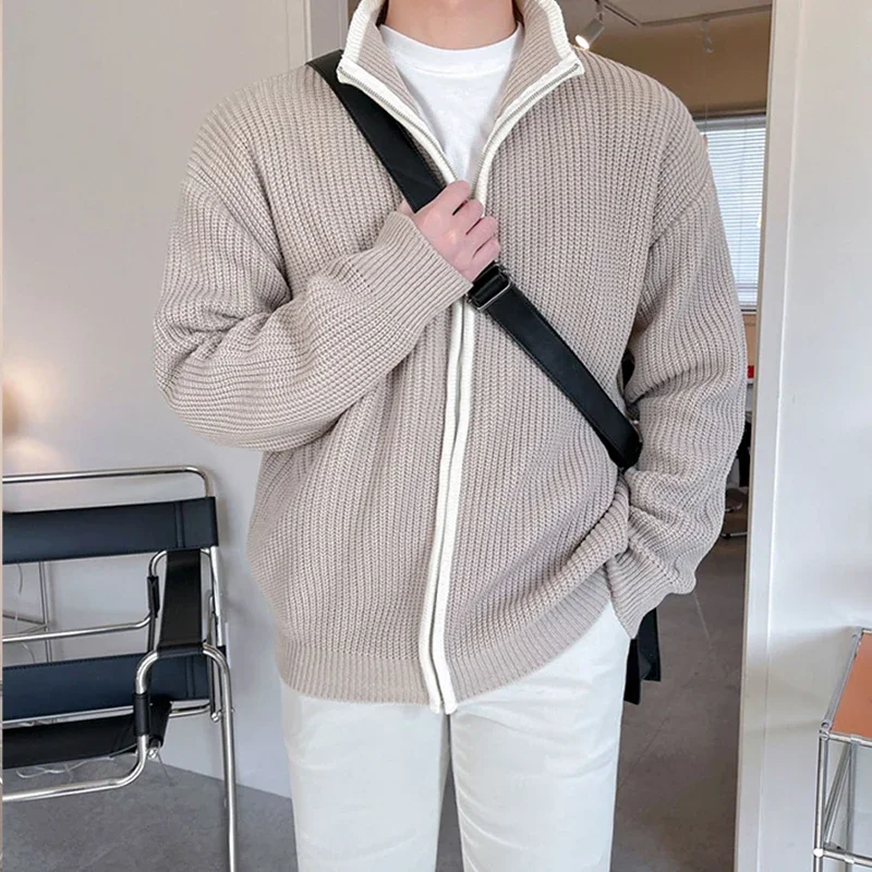 2024 Winter Men's Luxury Knitted Zipper Cardigan Sweater Stand Collar Solid Color Long Sleeve Casual Streetwear Loose Coat