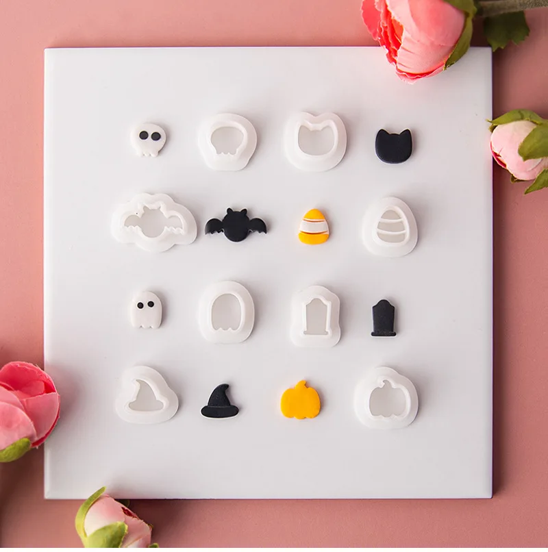 Description Picture 2 of item8Pcs/set Mini Halloween Polymer Clay Earrings Mold Cute Bat Ghost Shape Jewelry Pendant Soft Pottery Cutting Die Making Tools