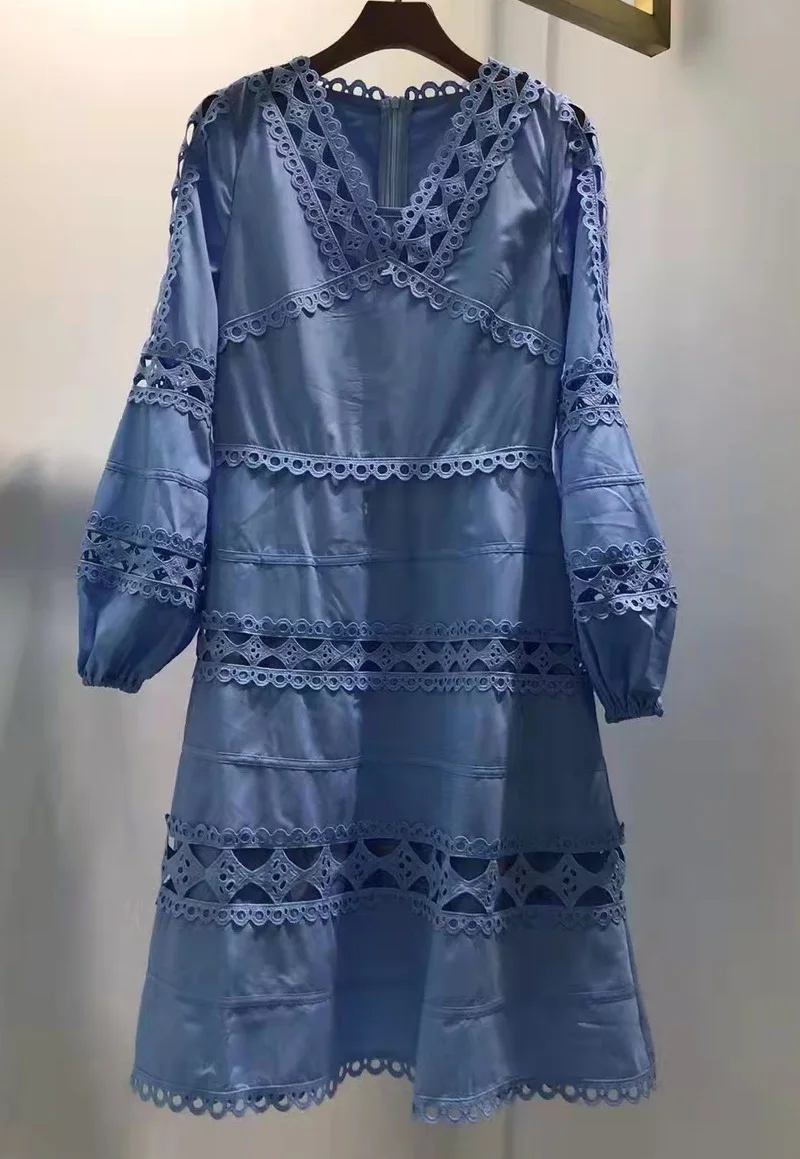 

Tops Fashion New 2022 Autumn Dress Women V-Neck Exquisite Embroidery Long Sleeve Big Swing Party Blue Green Dress Vestidos Festa