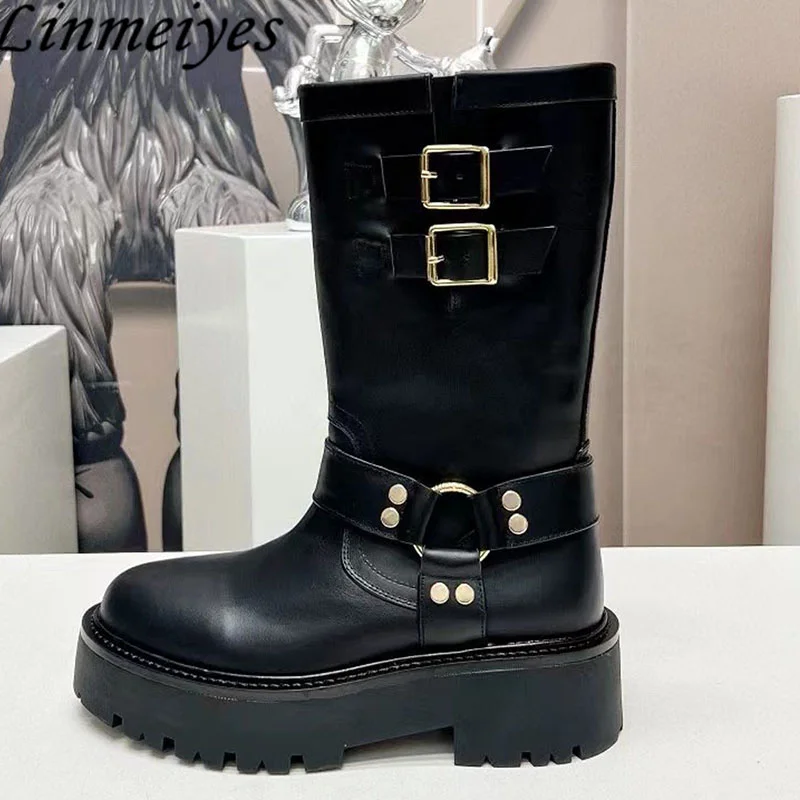 

Genuine Leather Knight Boots Women Round Toe Metal Buckle Flat Mid Calf Boots Thick Sole Motorcycle Boots Woman Botas Mujer