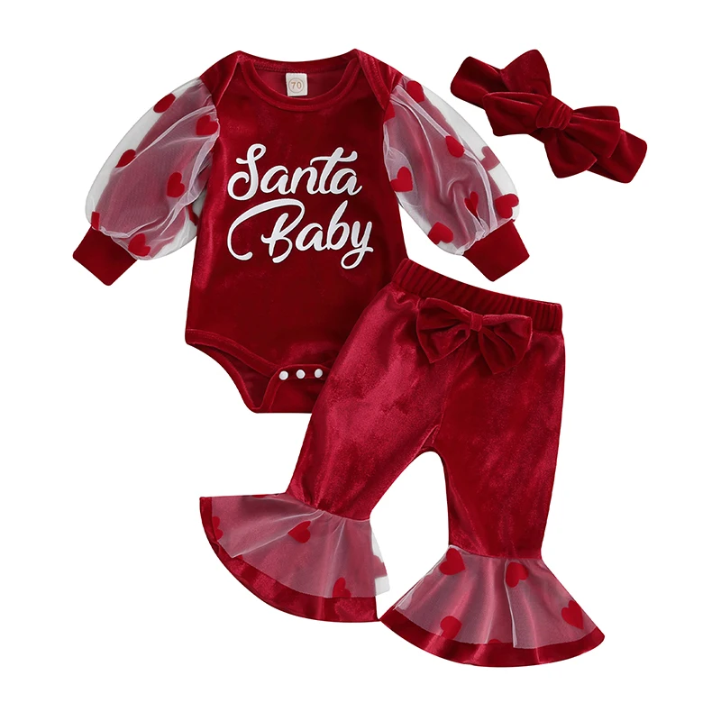 

Bmnmsl Baby Girls Christmas Outfits Letter Print Heart Long Sleeve Velvet Rompers Flare Pants Headband 3Pcs Fall Clothes Set