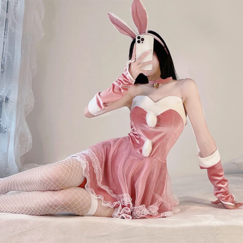Cutie Sexy Rabbit Bunny Trap Polka Dot Pink Pastel Maid Cosplay Dress