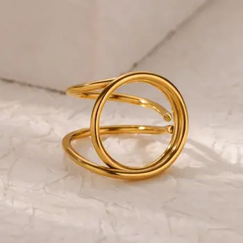 Gold Color Geometric Round Open Rings for Women Stainless Steel Wedding Ring Aesthetic Fashion Waterproof Jewelry Gift