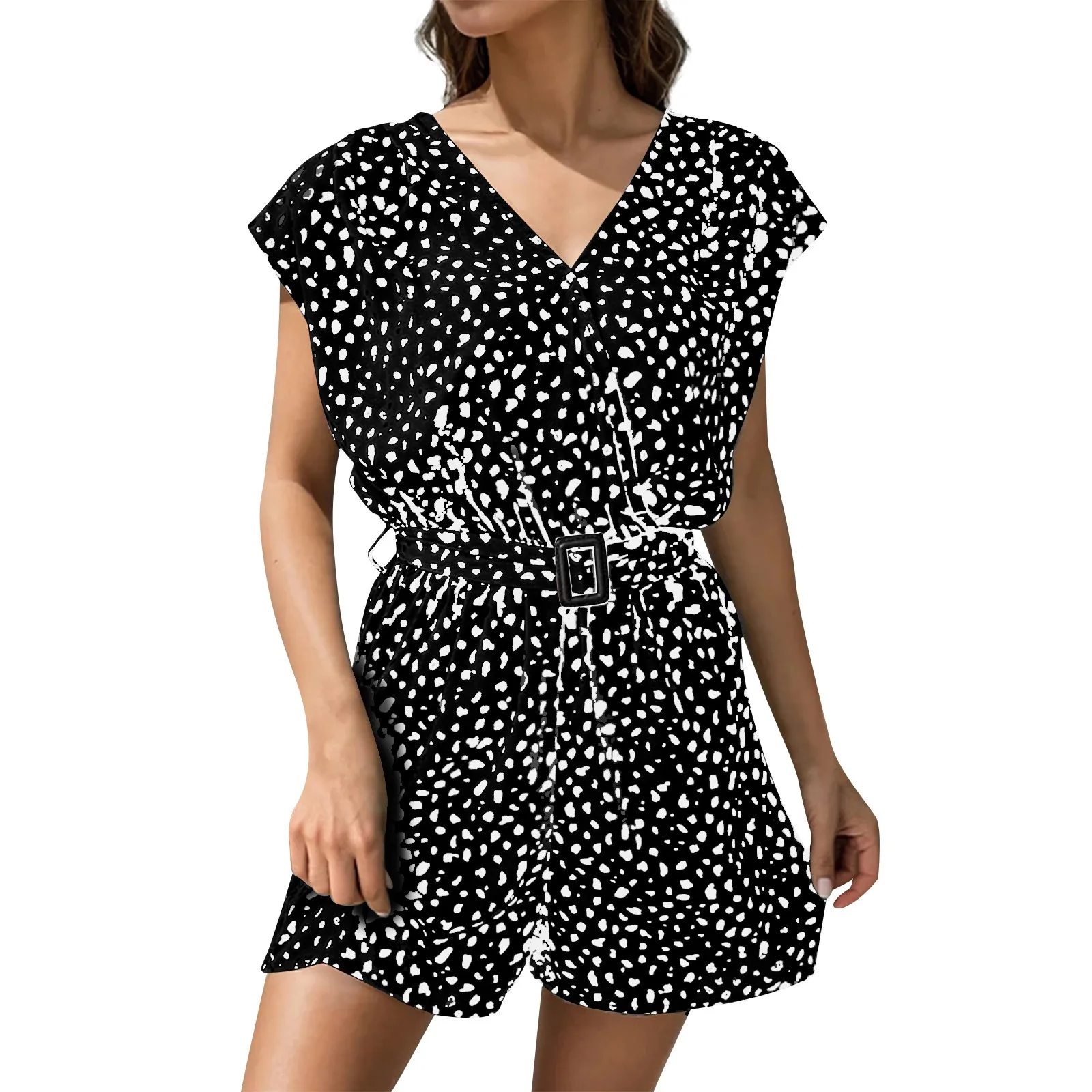 

Summer Floral Short Jumpsuit For Womens Sleeveless Strappy V Neck Bow Knot Pleated Jumpsuit Ladies Flowy Playsuit Rompers