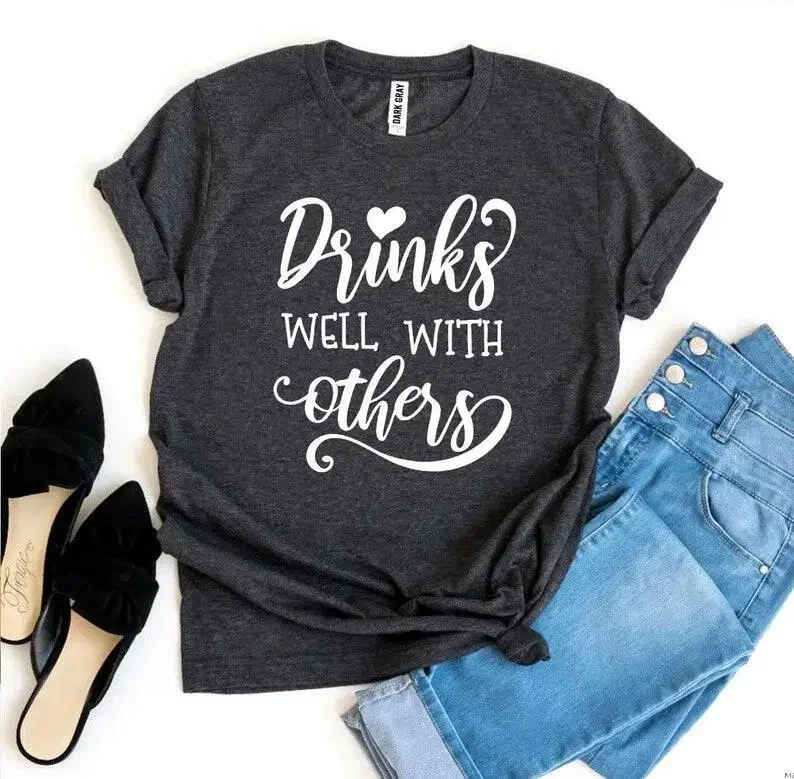 

Drinks Well With Others T-Shirt Drinking WineBachelorette Party Shirt, Funny Pun Shirt Short Sleeve Top Tees O Neck 100% Cotton