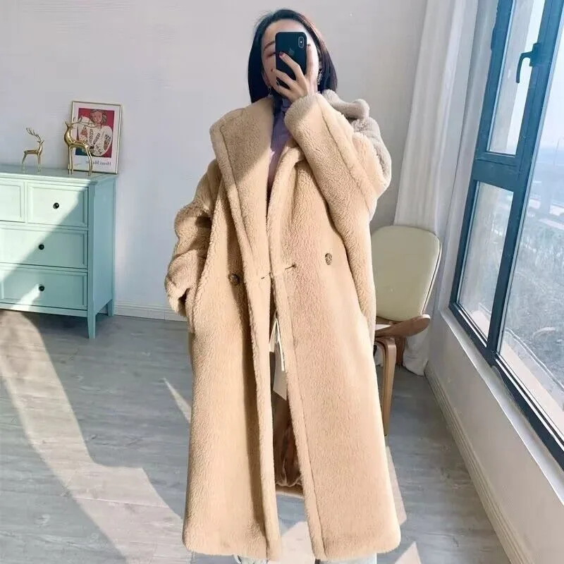 

2023 Winter New Women Faux Fur Coat Long Loose Large Size V-neck Outwear Thicken Warm Fashion Casual Parkas Solid Color Outcoat