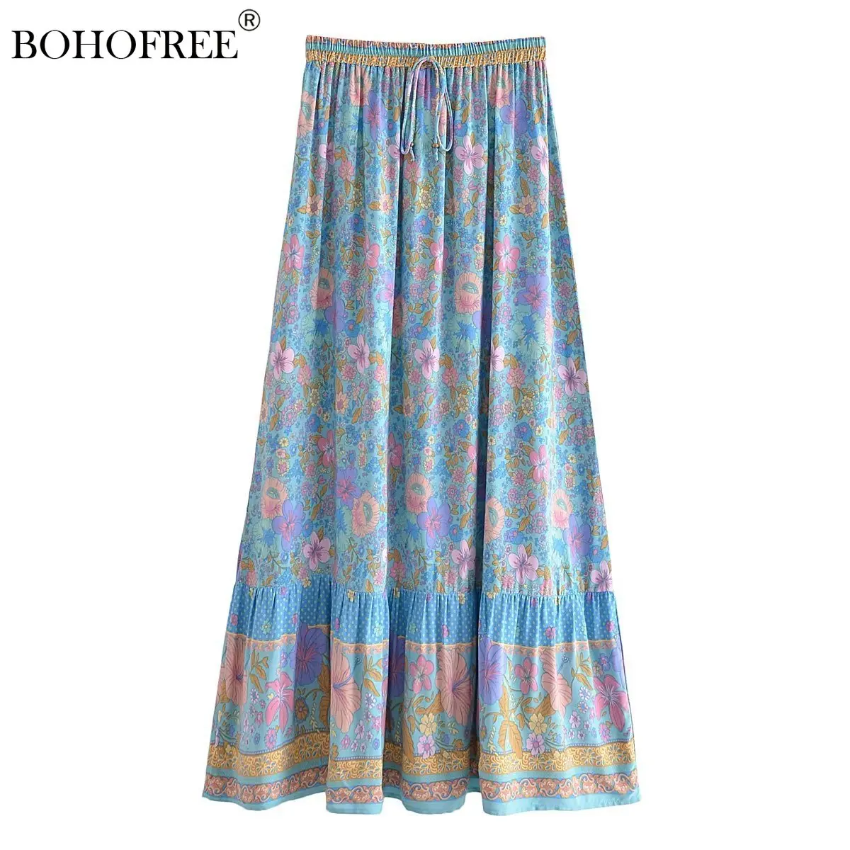 

Boho Vintage Skirts Rayon Cotton Floral Print Elastic Waist Maxi Hippie Fadal Beachwear Holidat Summer Saia Bohemian Skirts