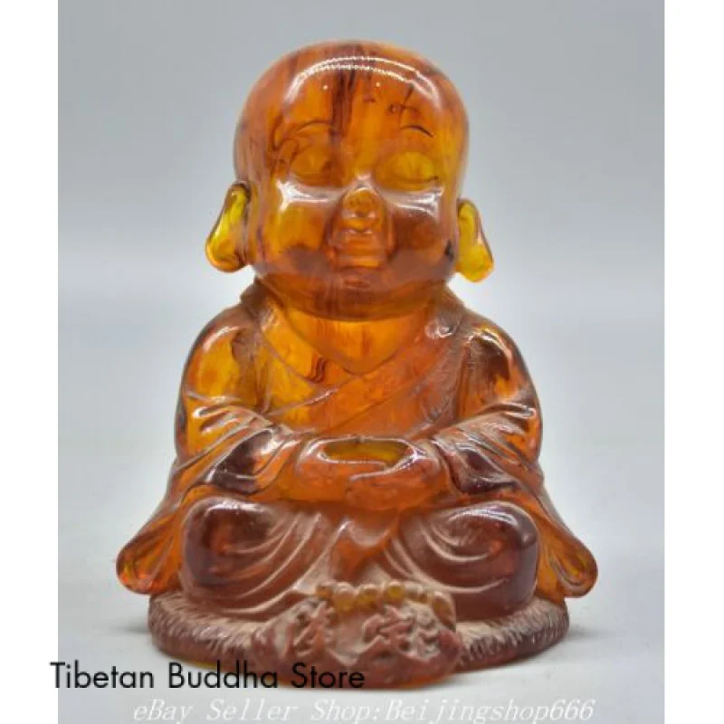 

5.6" Old Chinese Amber Carved Tongzi Buddhist monk “Calm down” Statue Sculpture