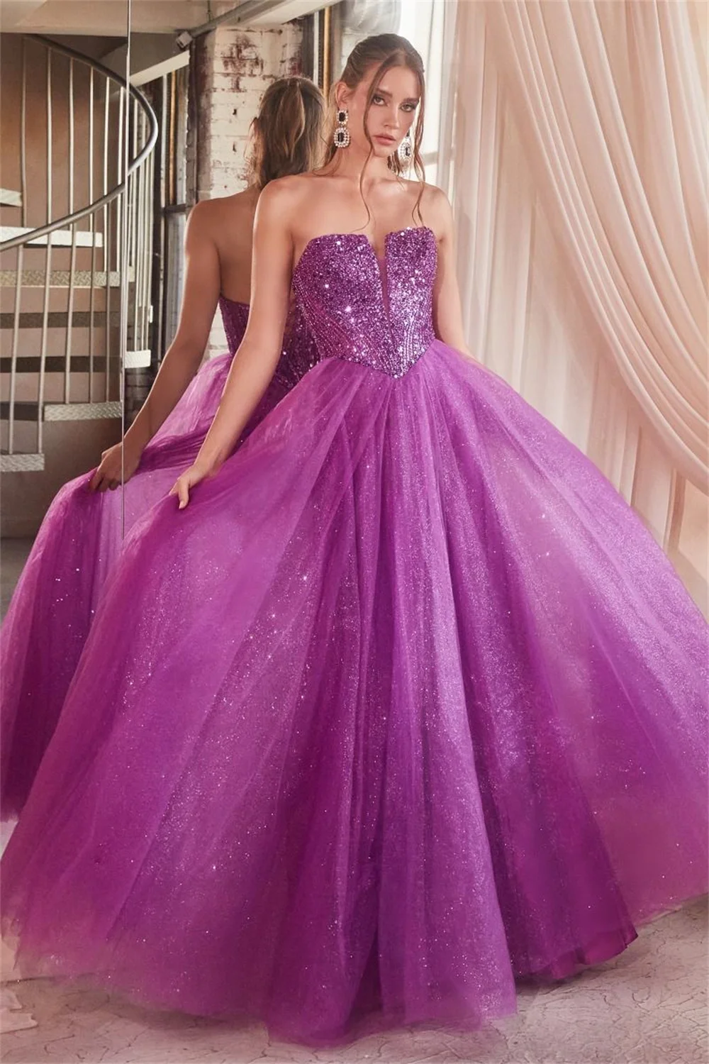 

Exquisite Strapless Sequin Tulle Prom Dresses Sparkly Sheer Corset Sleeveless Formal Cocktail Party A-line Long Evening Gowns