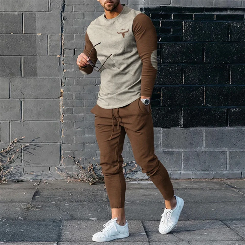 Autumn Vintage Ethnic Style 3D Print Men's Sportswear Set Long-Sleeved T Shirt Pants 2-Piece Set Oversized Pullover Men Clothing 3