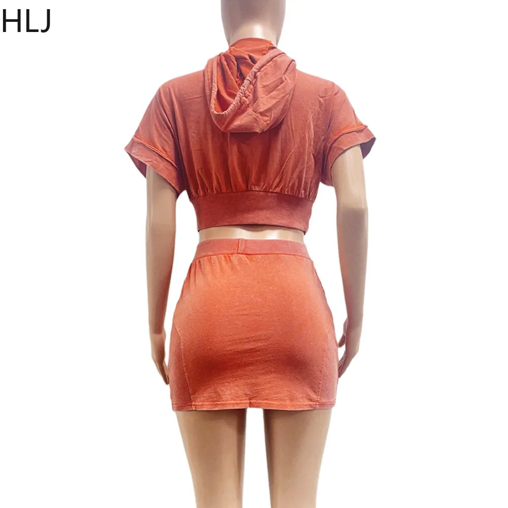 HLJ Fashion High Quality Splicing Hooded Two Piece Sets Women Zipper Short Sleeve Crop Top And Mini Skirts Outfits Streetwear
