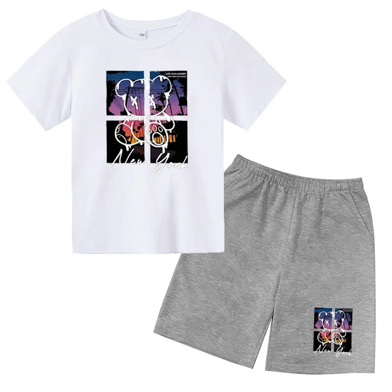 thumbnail image 1 of Conjunto de ropa para niños y adolescentes con estampado de oso de marca, camiseta de cuello redondo y traje corto de 2 piezas, informal, de verano, para niñas y bebés, 1 of 5