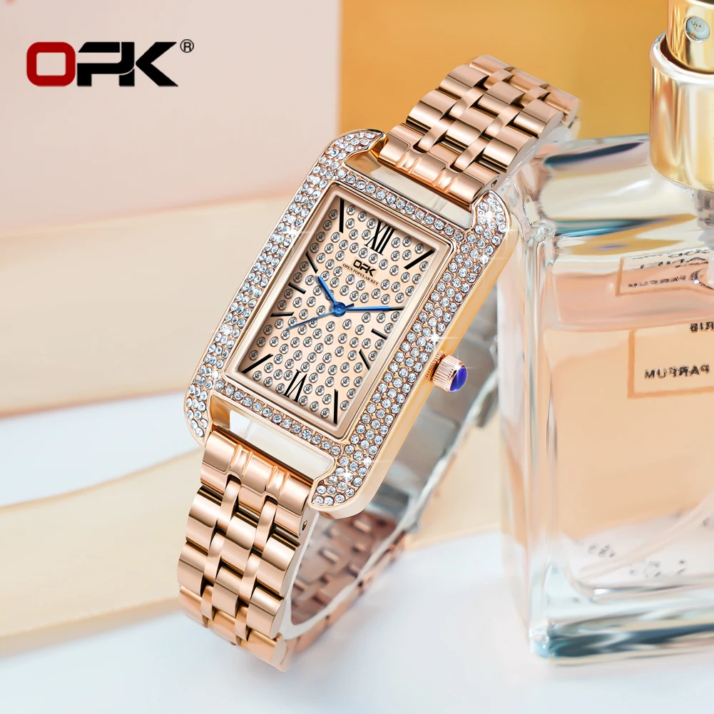 

OPK Luxury Diamond Quartz Women's Watch Fashion Classic Vintage Roman Scale Square Stainless Steel Dial Dress Women's Watch 8617