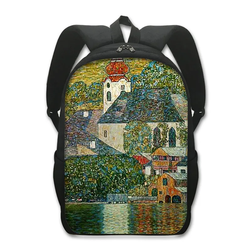 Famous Oil Painting Tears Kiss Water Lilies Starry Night Backpack Gustav Klimt Claude Monet Van Gogh Student School Bag Daypack