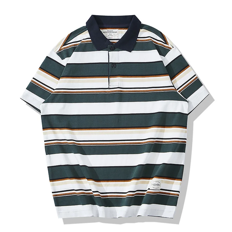 

Color-blocking Lapel Irregular Thick Striped T-shirt Heavyweight Short-sleeved POLO Shirt Outdoor Hiking Camp Tooling College