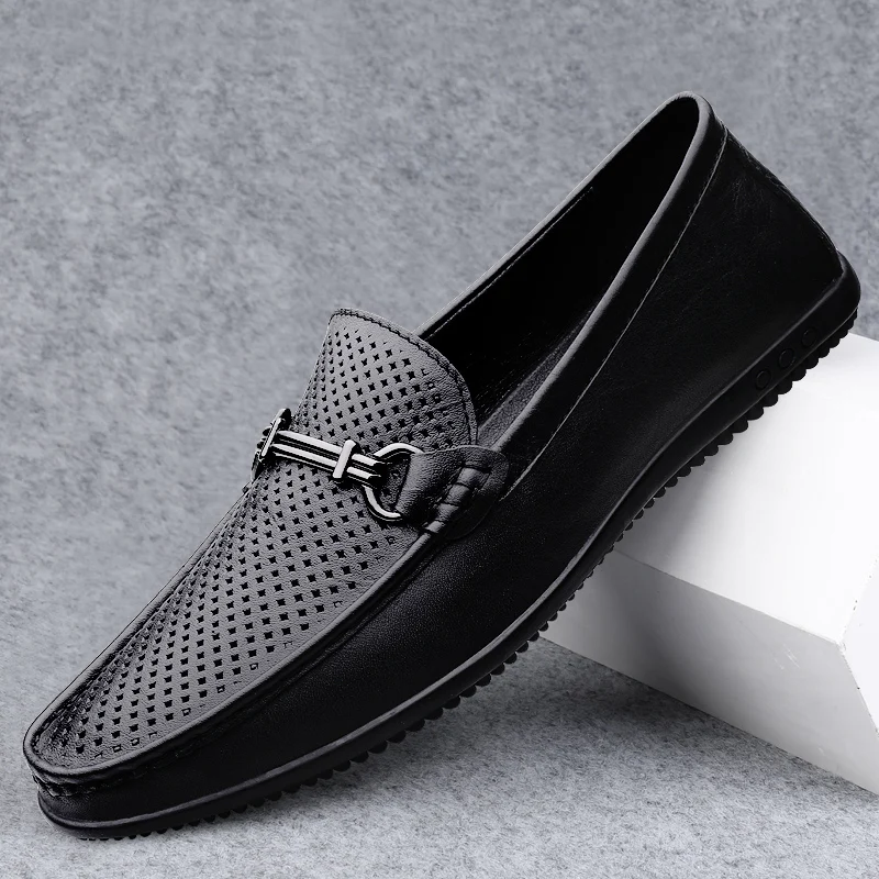 

Luxury Brand Summer Genuine Leather Mens Loafers Black Hollow Out Men Casual Shoes Moccasins Breathable Slip on Driving Shoes