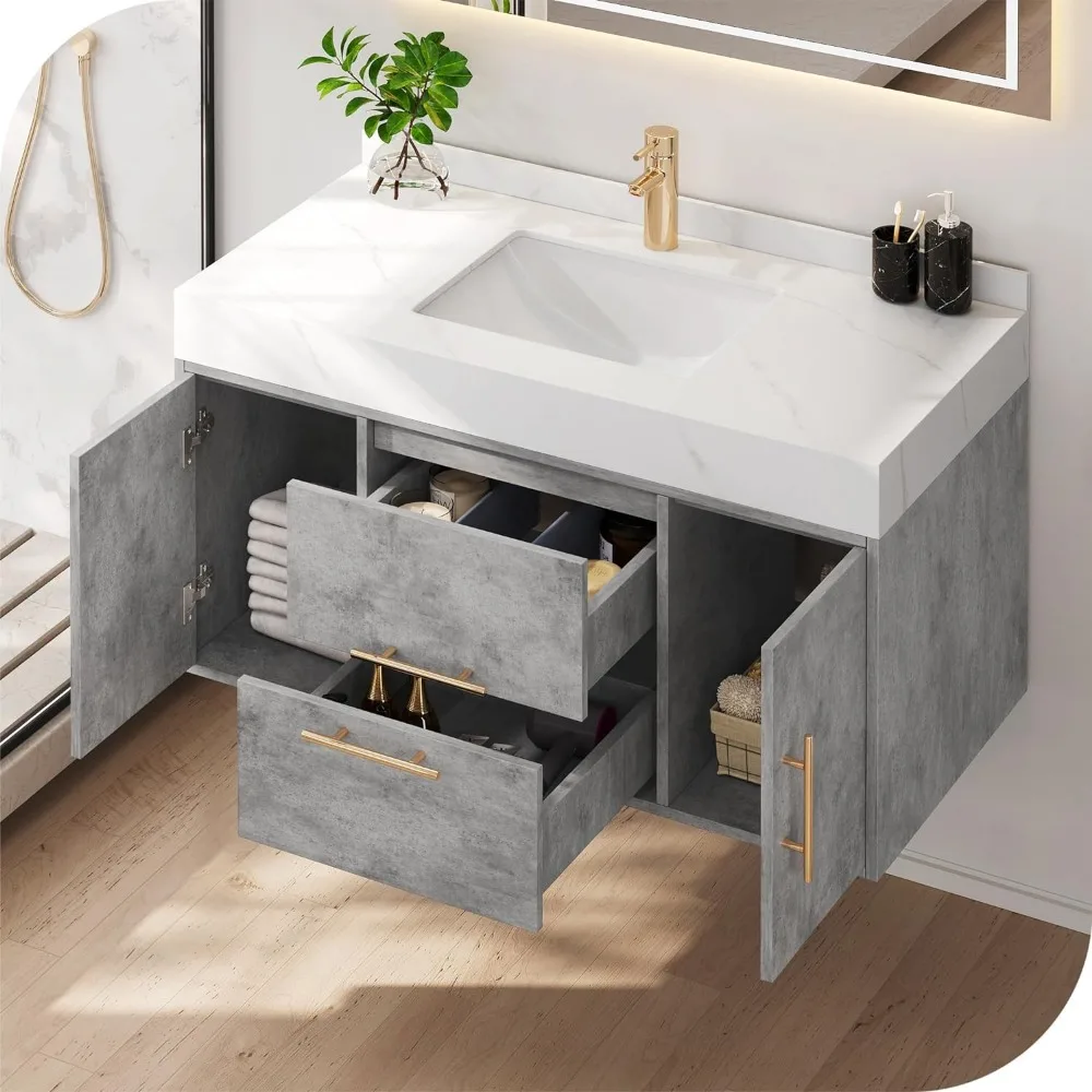 40 Inch Bathroom Vanity, Wall Mounted Vanity with Sintered Stone Countertop and Ceramic Basin Sink, Bathroom Cabinet with Sink