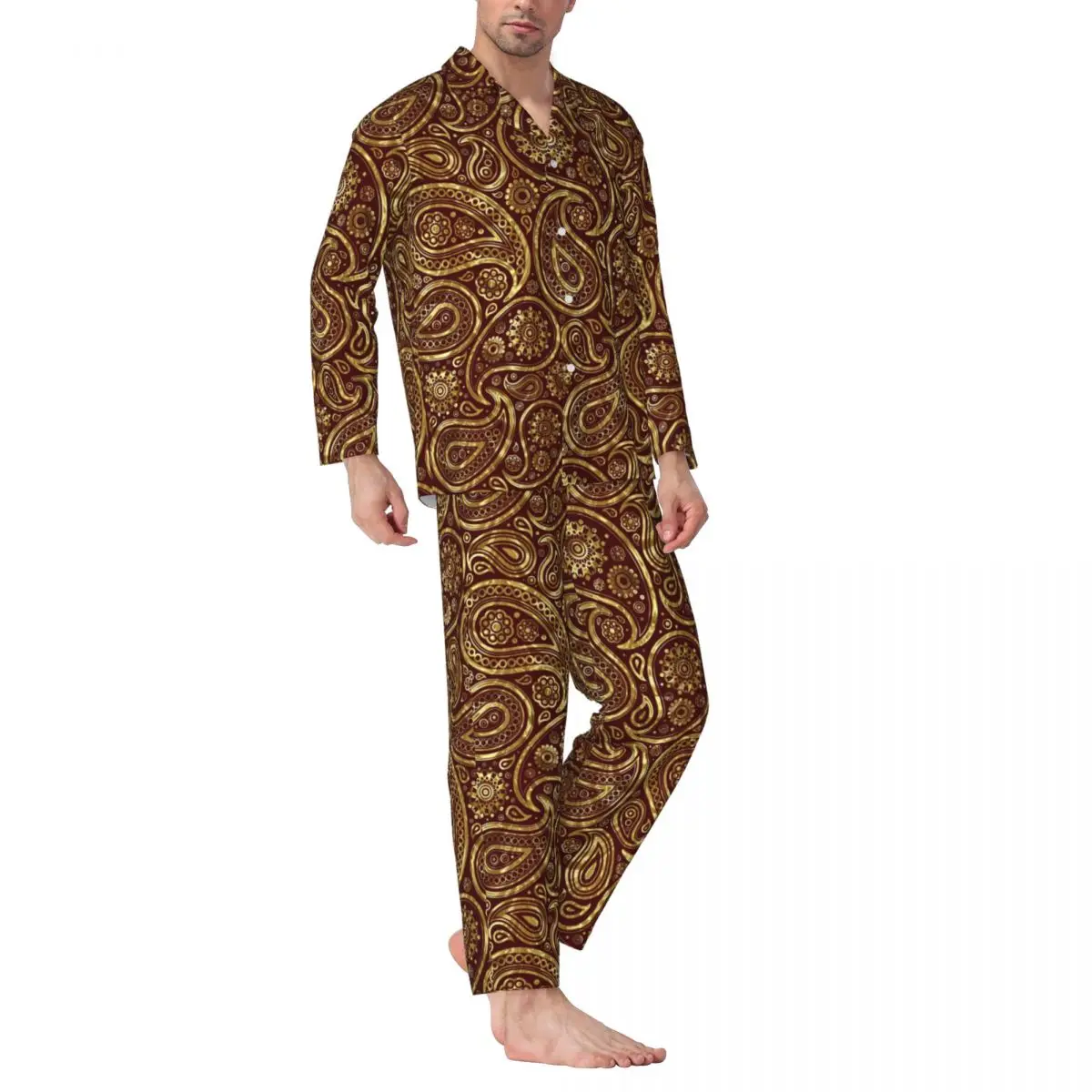 

Gold Paisley Pajama Set Retro Print Soft Sleepwear Couple Long Sleeve Aesthetic Sleep 2 Piece Home Suit Plus Size