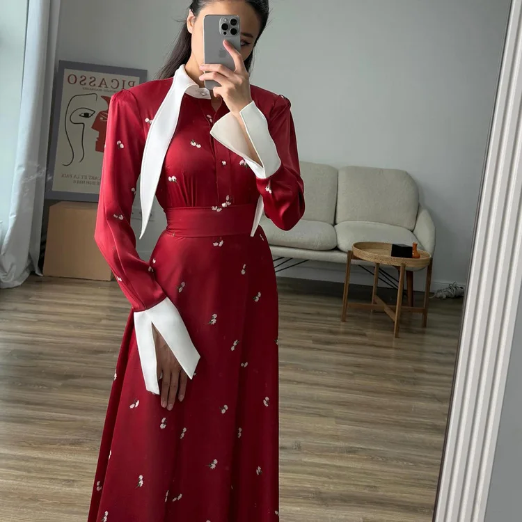 Elegant Satin Printed Long Dress Women's High Waist Patchwork Commute Slim Autumn Contrast Dress Female Maxi Dress