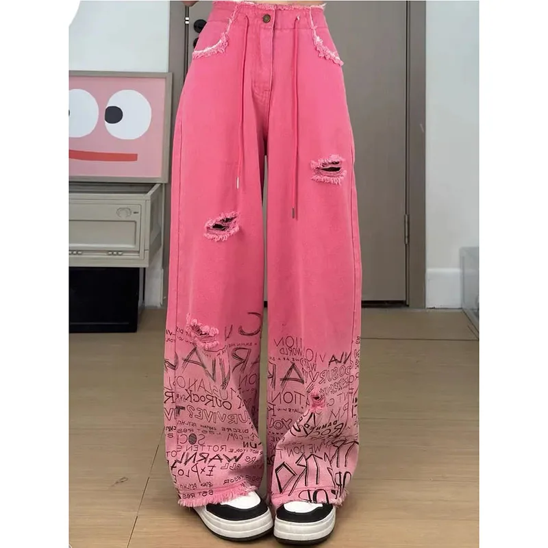 

Fashion Dopamine Pink Pocket Zipper Pants Women's Summer Design Sense Hole Graffiti Raw Edge High Wide Leg Jeans Mopping Floor