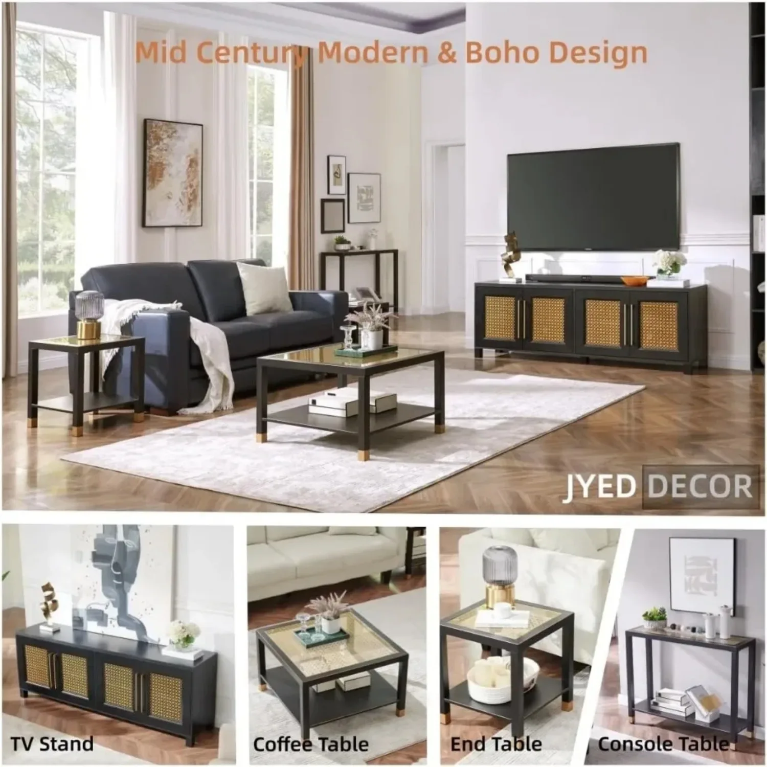 Mid Century Modern TV Stand for TVs up to 75" Gold Hollow Metal Mesh Decorated Boho TV Console with Storage Cabinets