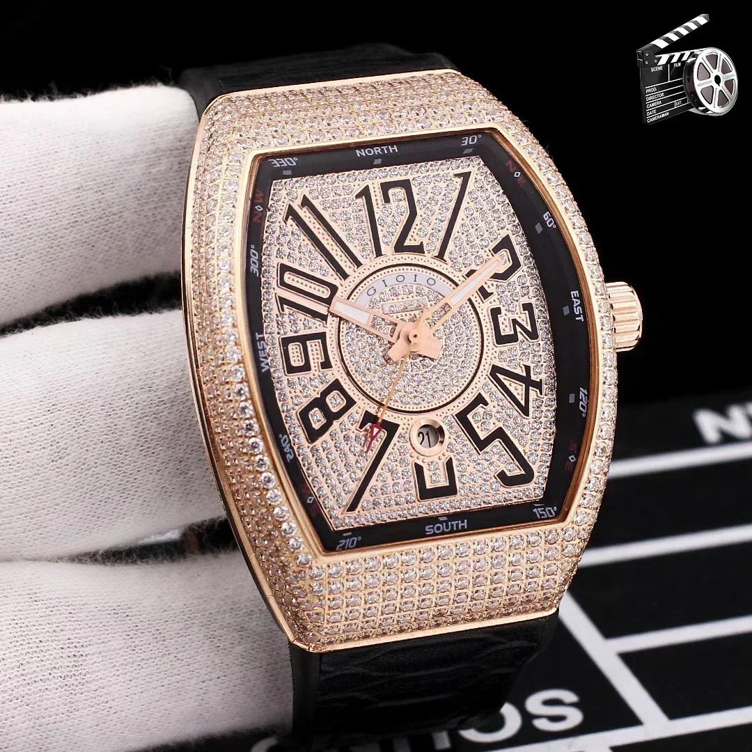 

Luxury New Mens Automatic Mechanical Watch Rose Gold Iced Diamonds Black Rubber Leather Sport Watches