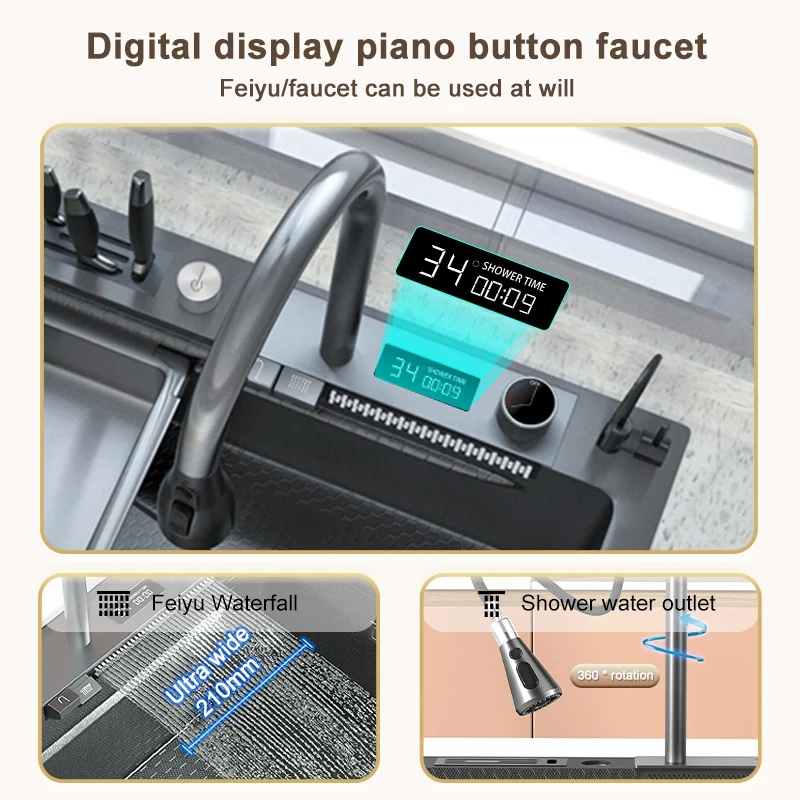 Stainless Steel Kitchen Sink Embossed Digital Display Waterfall Sink  Large Single Slot Household Dishwashing Basin