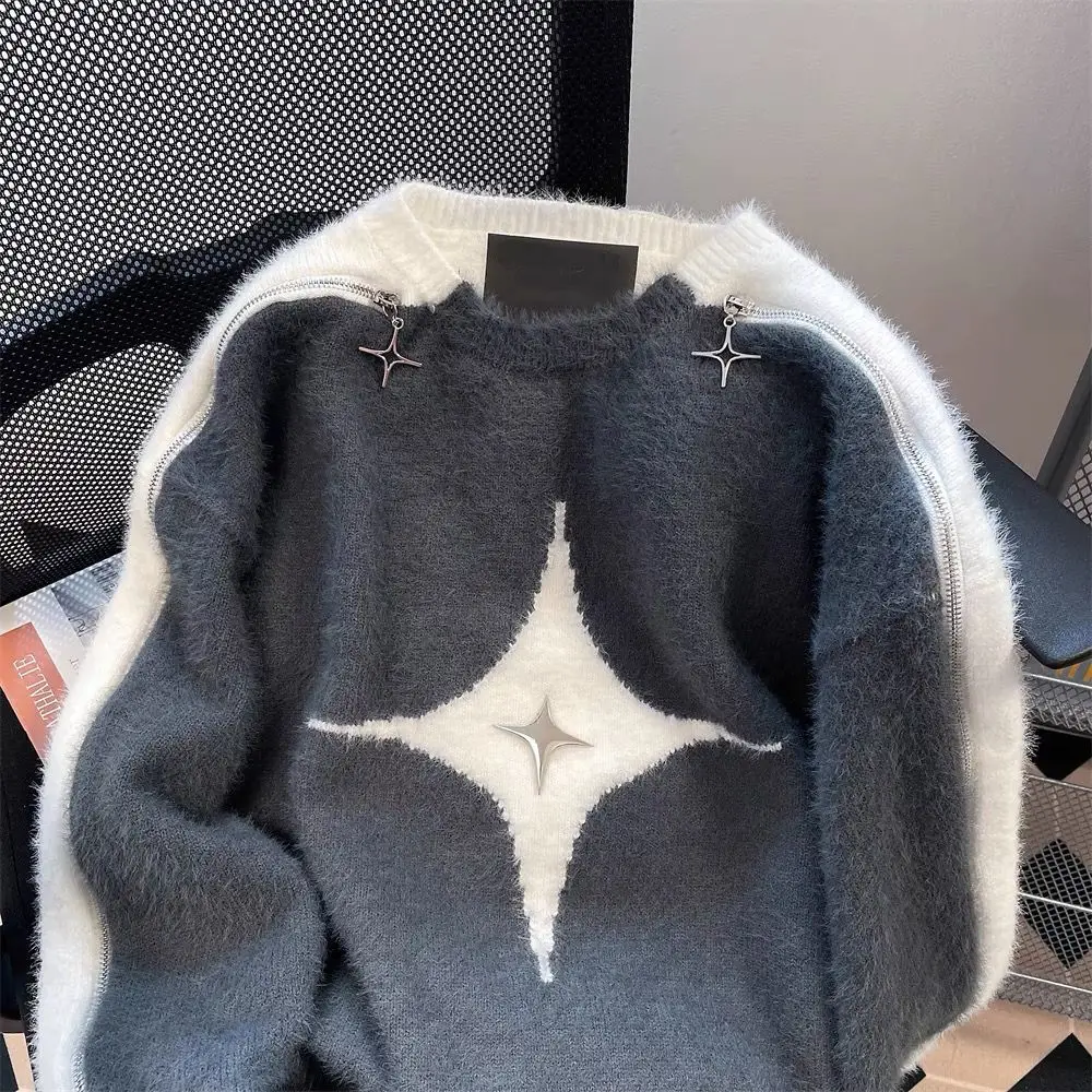 Harajuku Retro Y2k Oversized Star Strapless Sweaters Long Sleeve Pullover Lazy Style Casual Hip Hop Sweater Men Women Streetwear