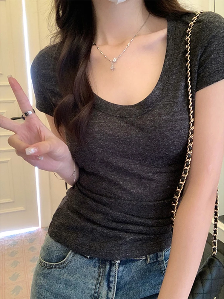 مثير س الرقبة ضئيلة تي شيرت المرأة القطن مطاطا الأساسية الصلبة الإناث بلايز عادية قصيرة الأكمام رقيقة تي شيرت انظر من خلال