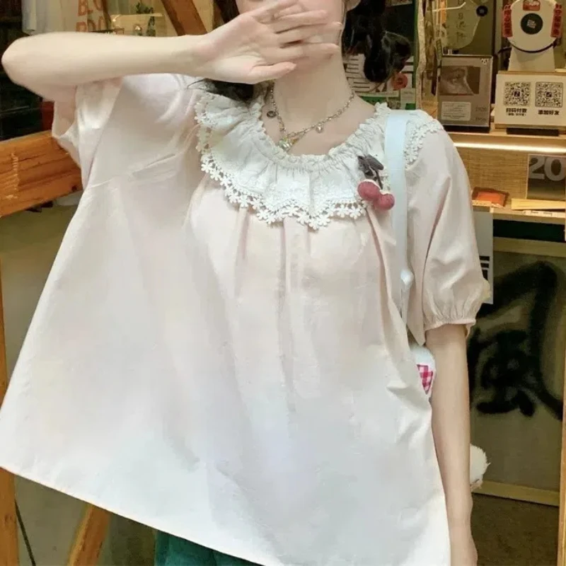 Sweet Japanese Lolita Summer 2024 New Patchwork Doll Neck Bow Fashion Solid Color Loose Minimalist Casual Short Sleeved Shirts