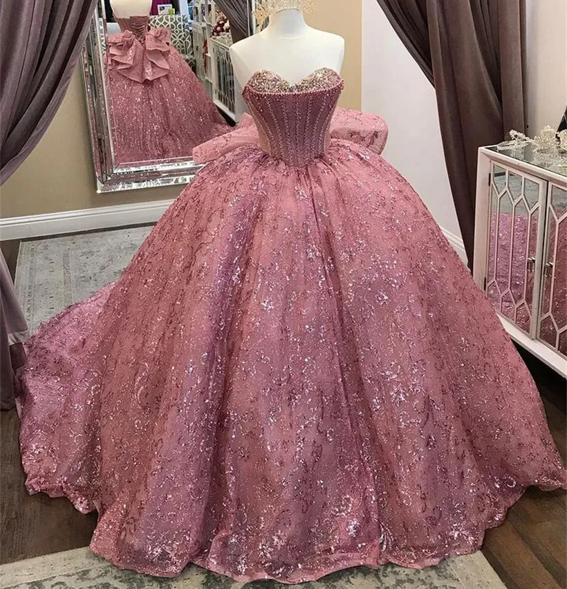 

Pink Princess Quinceanera Dresses Ball Gown Sweetheart Lace Sparkle Sweet 16 Dresses 15 Años Custom