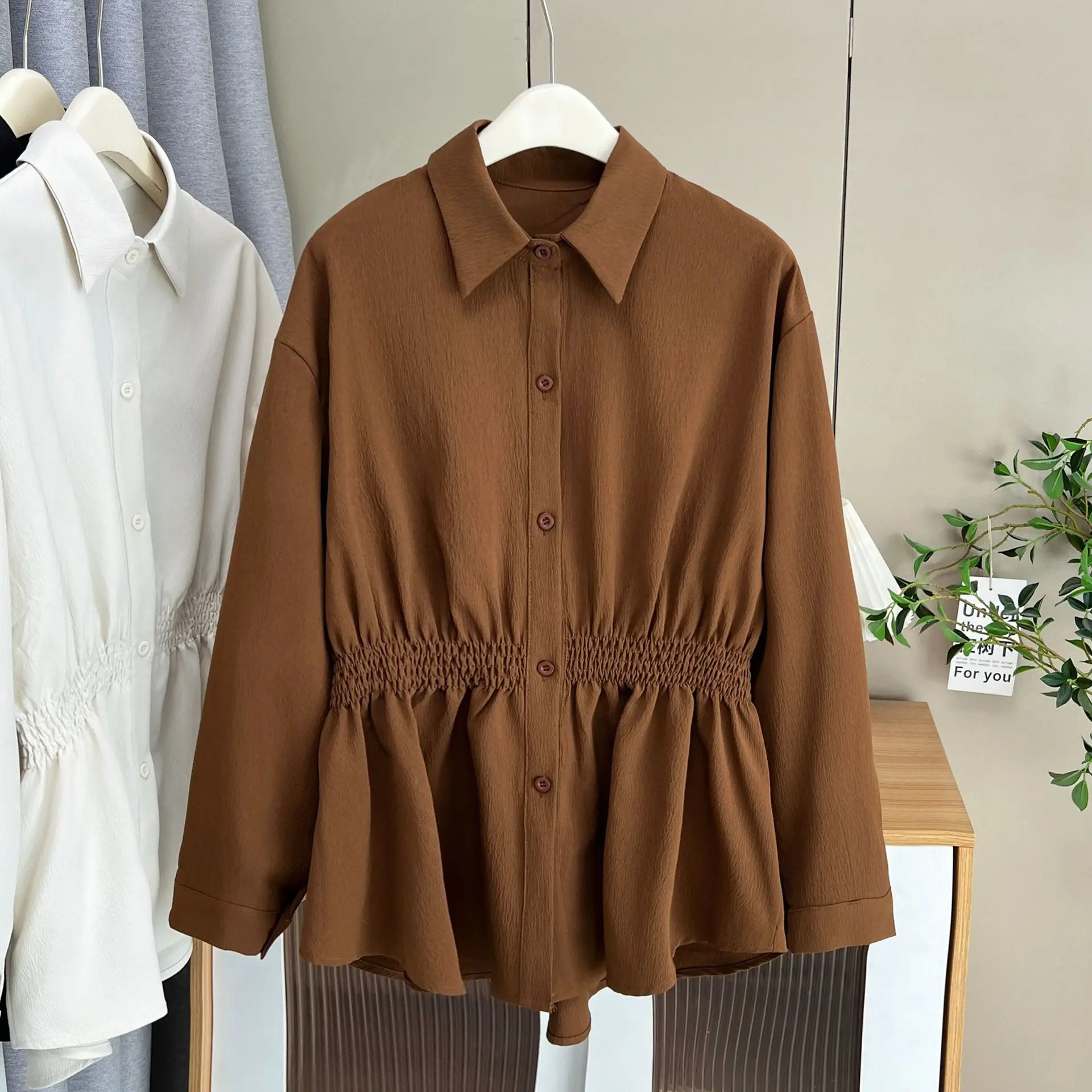 XXXXL Autumn New Stylish Waist Cinching Long Sleeved Casual Shirt Fashion Plus Size Women's Bouses