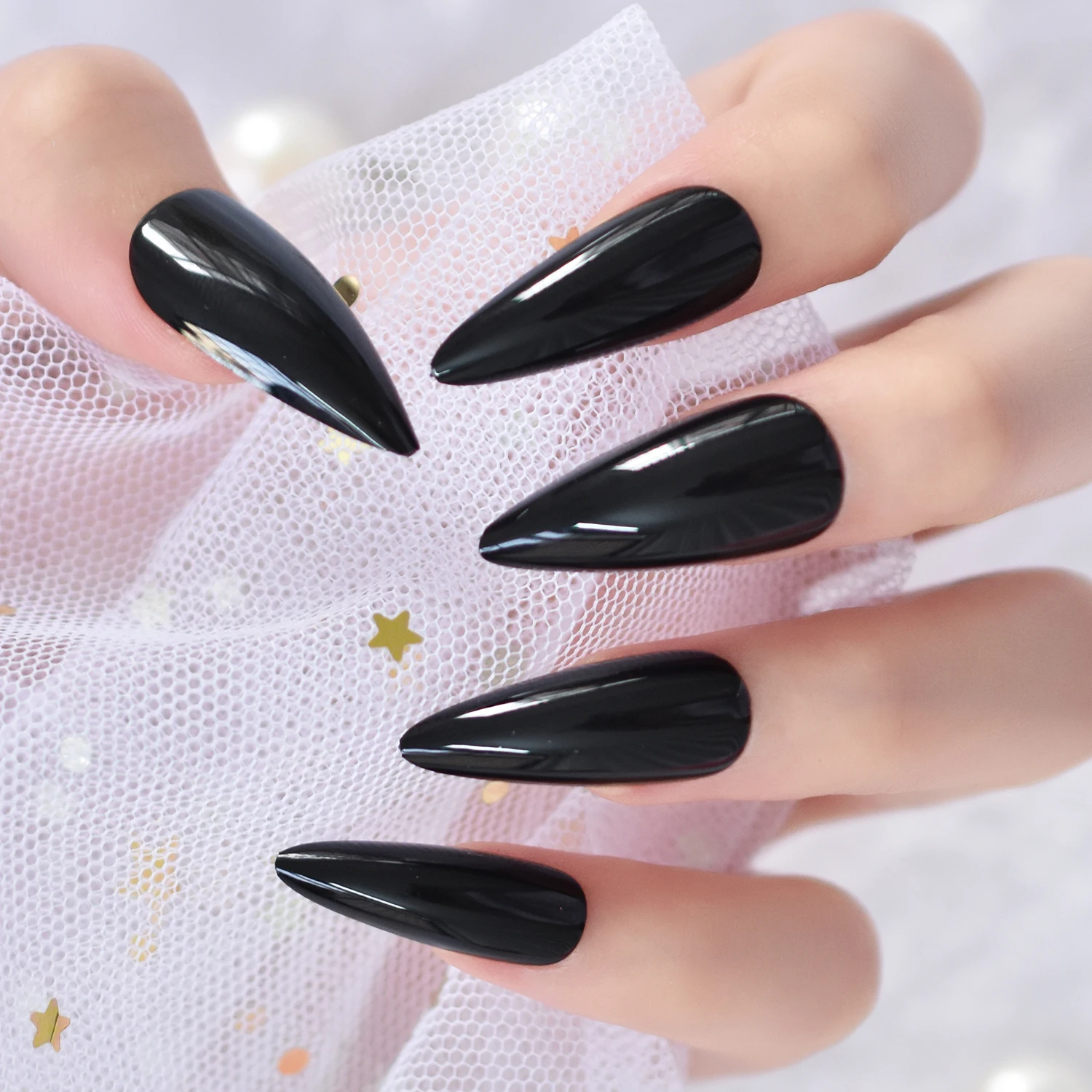 Uñas postizas de color negro puro, uñas artísticas de Gel Uv, puntiagudas  acrílicas de Stiletto, cobertura completa, manicura con pestañas -  AliExpress Belleza y salud