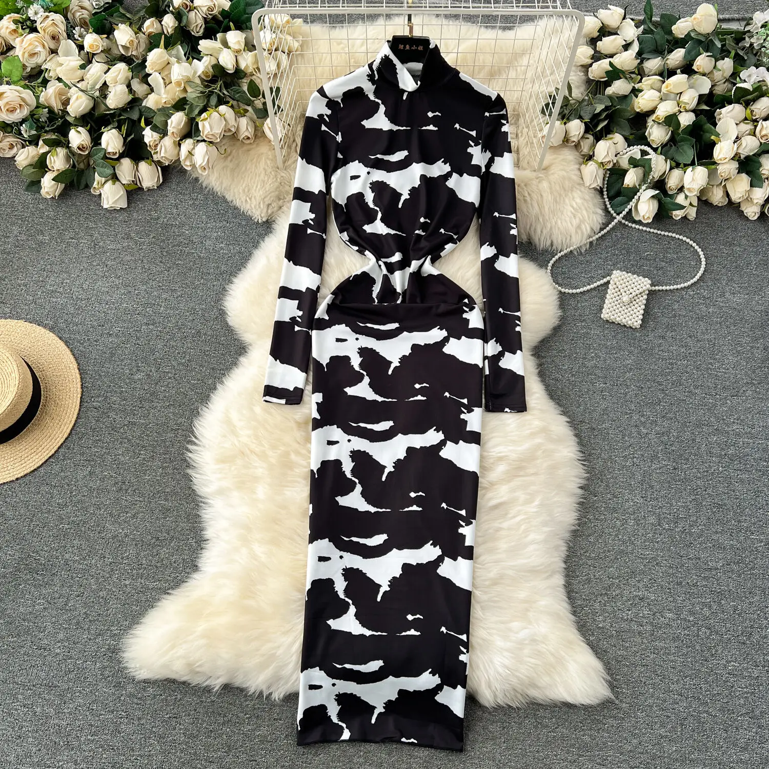 Американское модное роскошное платье с принтом тай-дай, новинка, женское осеннее сексуальное длинное облегающее эластичное платье с высоким воротником и длинным рукавом