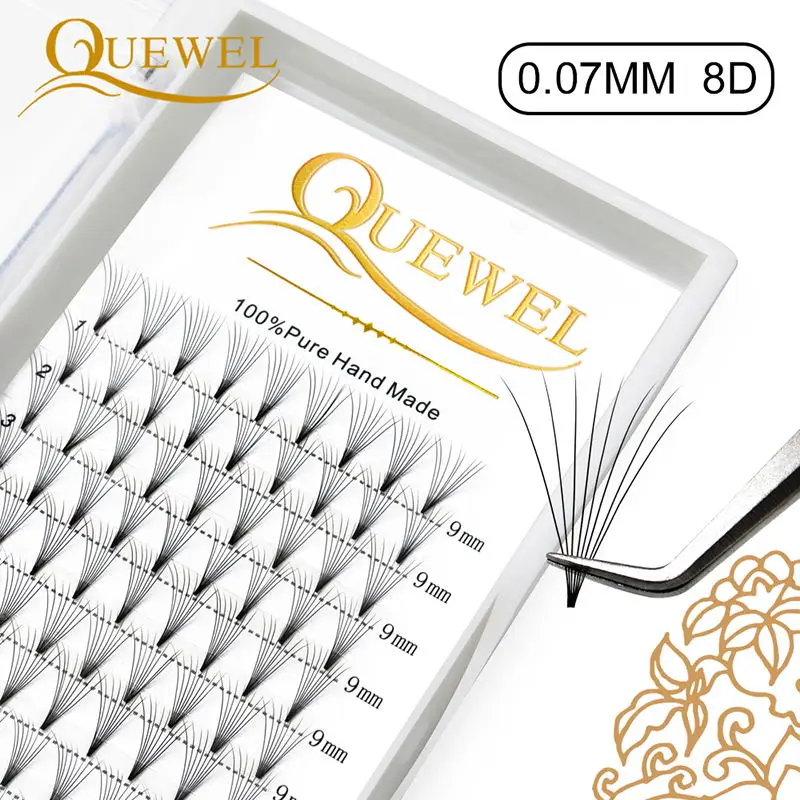 Quewel-extensiones de pestañas postizas 8D, pestañas postizas individuales de 0,07mm, con volumen prefabricadas, de seda, 12 líneas