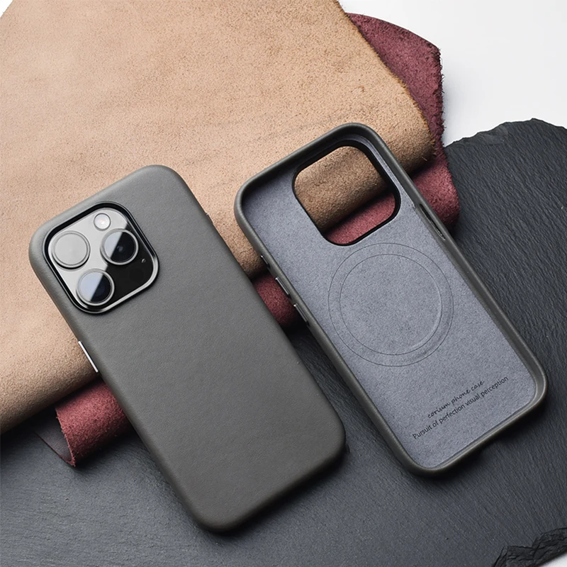 Italian Bonaudo Leather Case For iPhone 15 Pro Luxury Real Skin Phone Back Cover For Apple iPhone 15 Pro Magnetic Grey Color