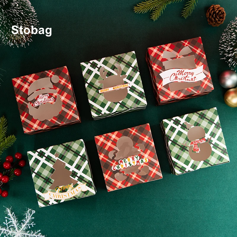 

StoBag-Merry Christmas Gift Box Candy Packaging Kraft Window Santa Claus Kids Holiday Happy Year Party Favors Green Red 6Pcs