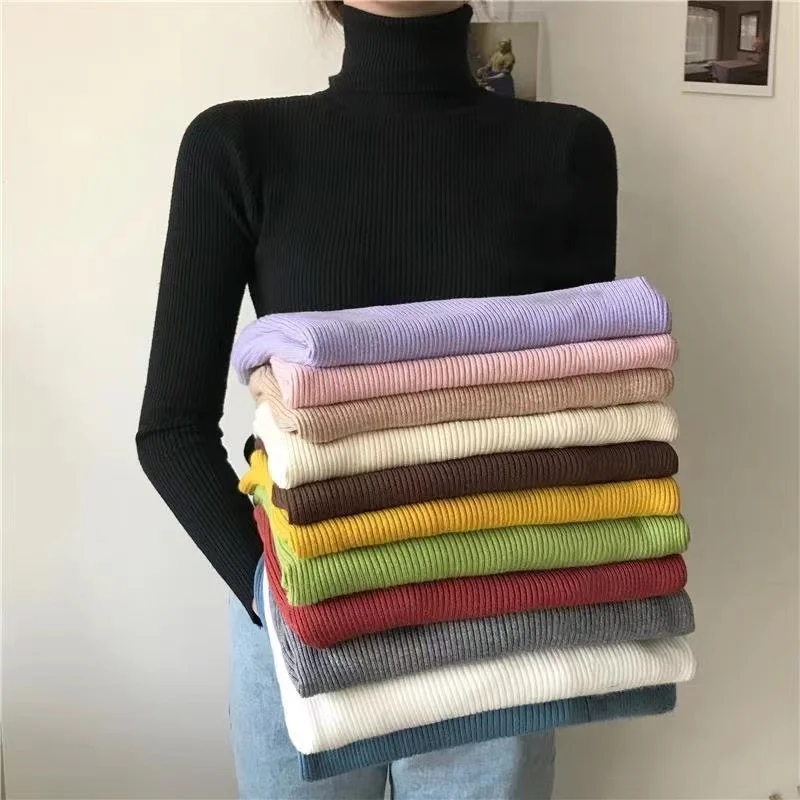Pull à col roulé pour femme, Simple, mode hiver, tricot élastique, décontracté, couleur unie, noir, Tops basiques, 2026